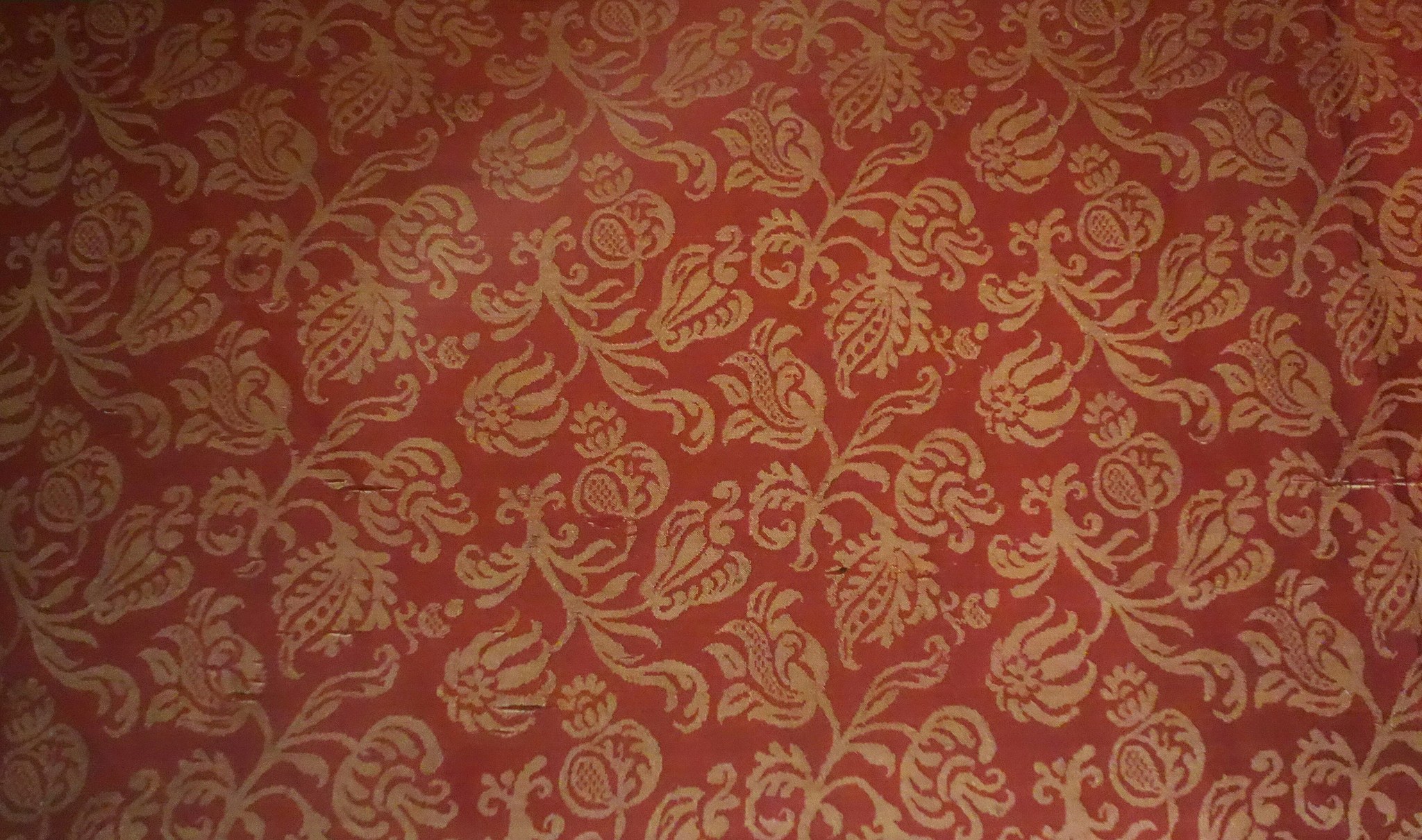 Red and gold floral damask fabric, full size