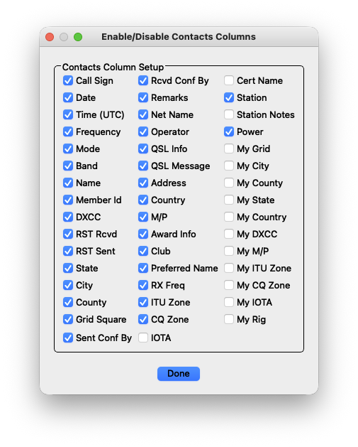 Enable/Disable Contacts Columns dialog, Sent Conf By and Rcvd Conf By ticked