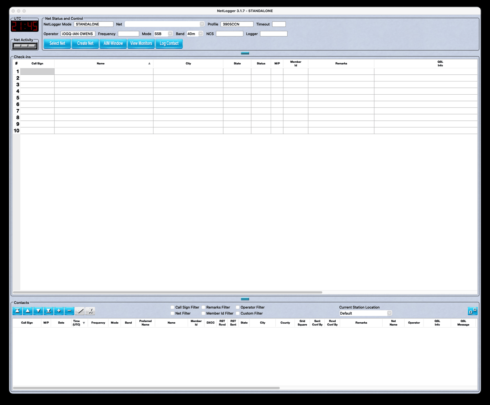 NetLogger main window with the Contacts table at the bottom