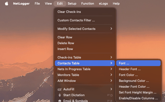 Edit menu, Contacts Table submenu, Enable/Disable Columns