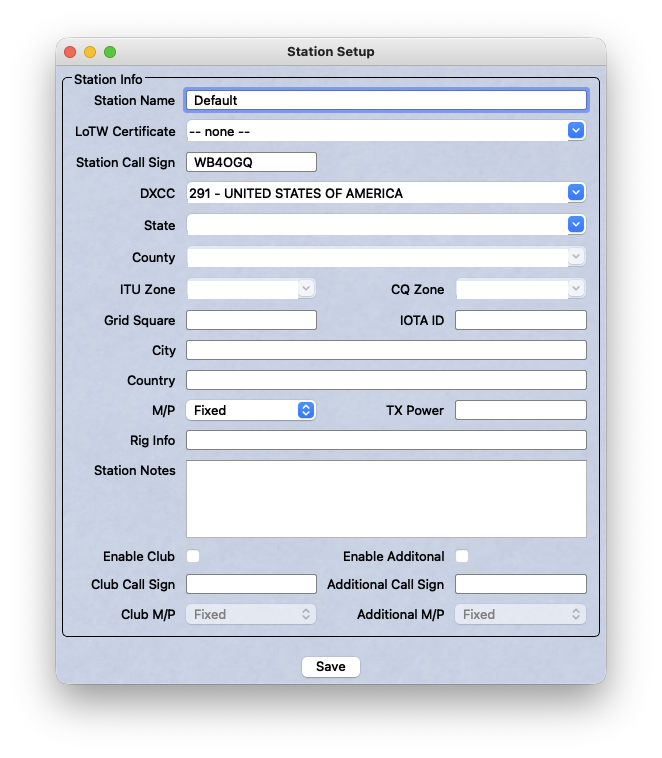 Station Setup form: station name, callsign, DXCC, state, county, and grid square